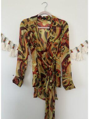 Sisley 100% Silk Retro Style Wrap Sheer Long Sleeve Top Psychedelic 70s Y2k VTG